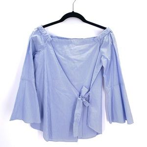 Thread & Supply Off the Shoulder Front Tie Top Blue White Stripe Size Small